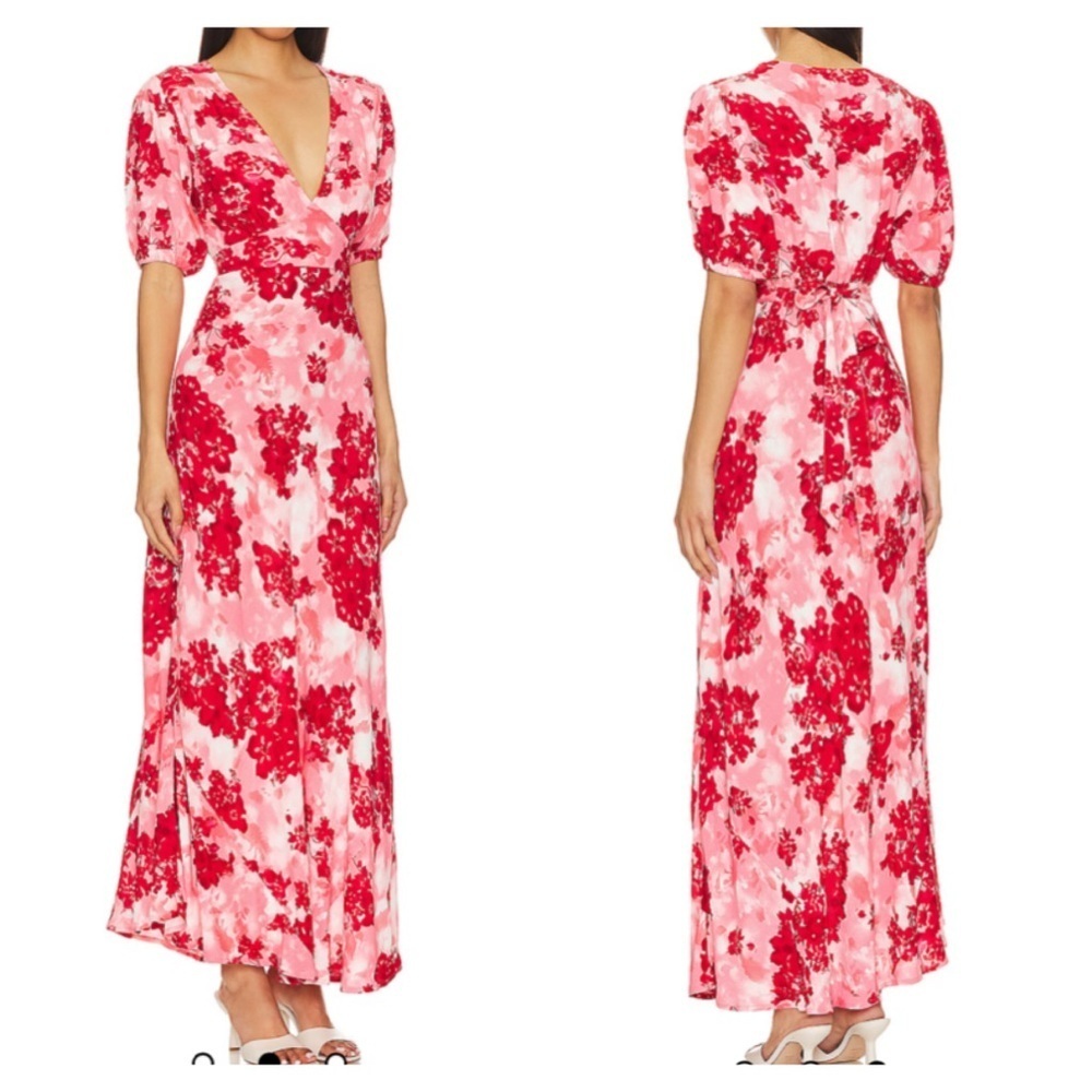 Faithful The Brand Las Mayas Midi Dress Rosella Floral Puff Sleeve Rayon Classy